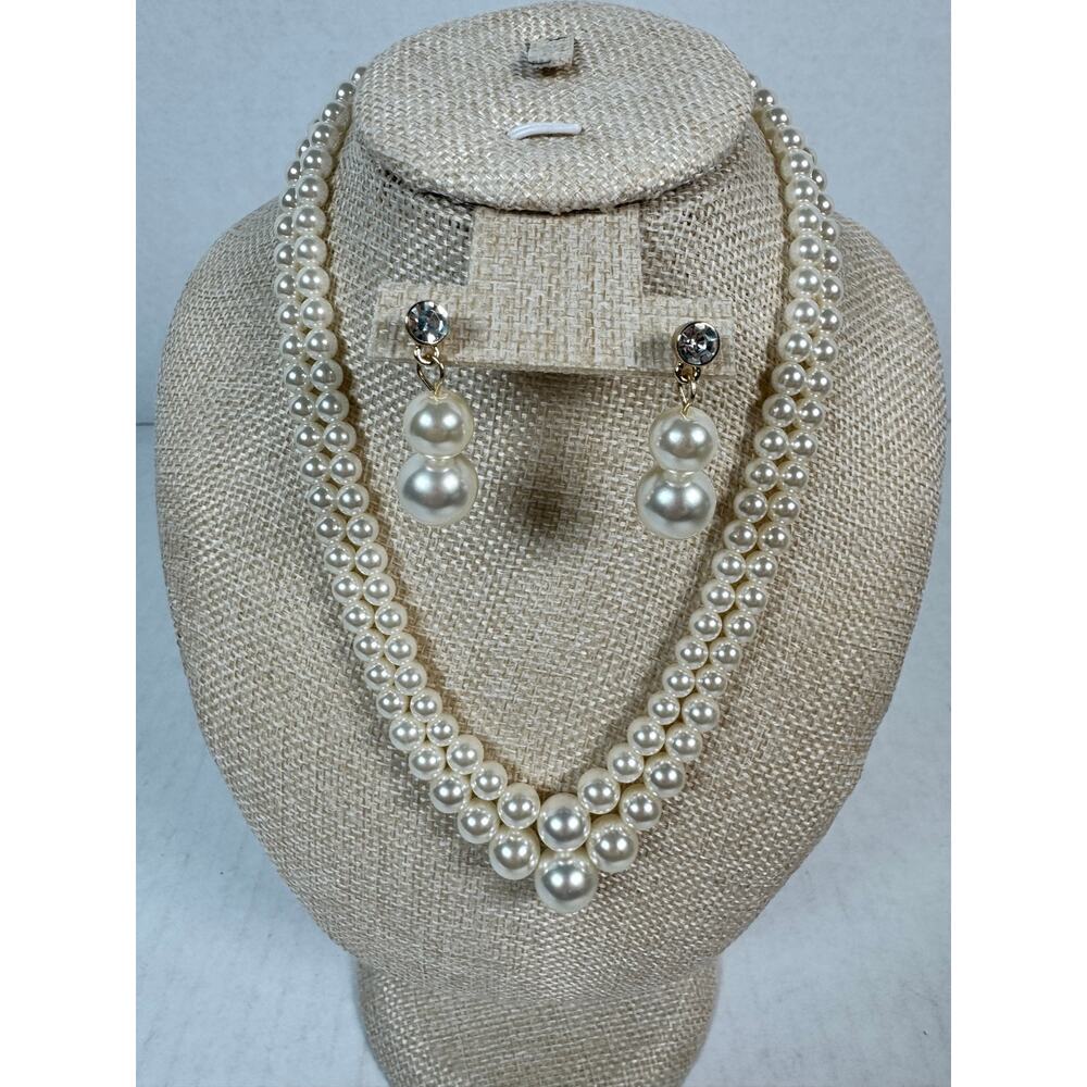 Faux Pearl Necklace & Matching Drop Earrings Set Gold Tone Bridal